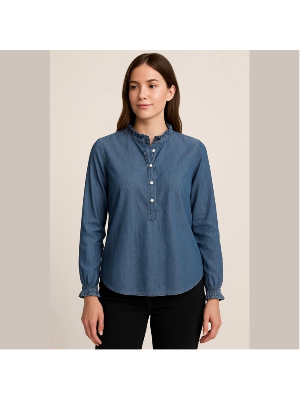 Women's Talbots Petite Blue Denim Ruffle Collar Blouse MP